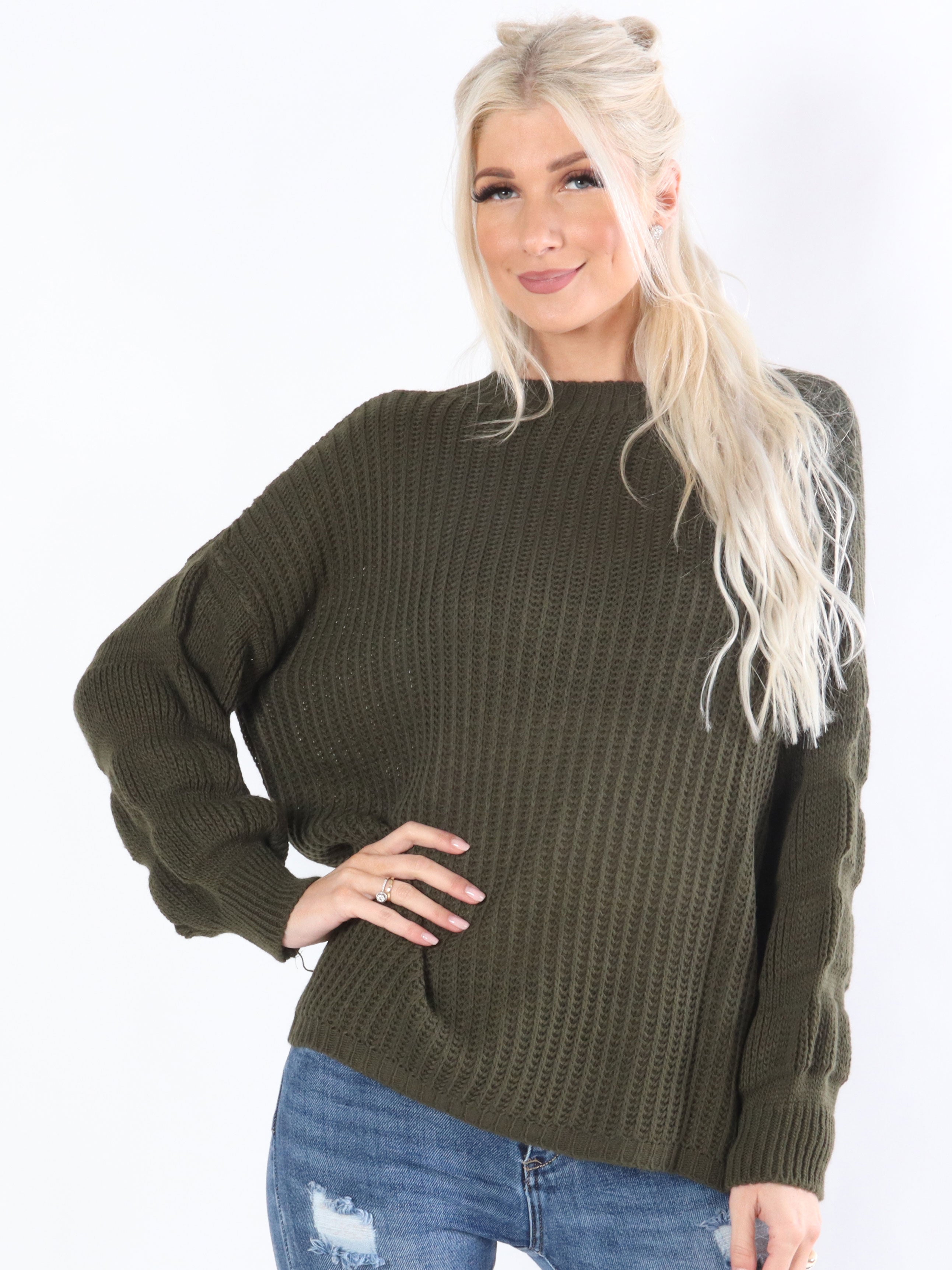 Marcia - Armygrøn strikbluse med detaljeret ærmer